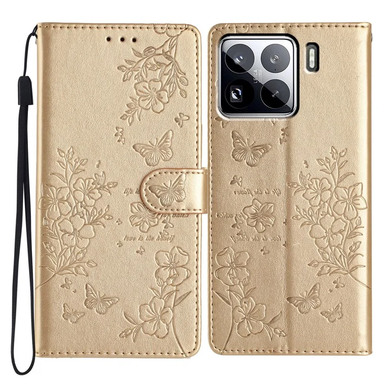 For Xiaomi 15 Pro Wallet Phone Case Butterfly Floral Imprint Leather Flip Cover - Gold