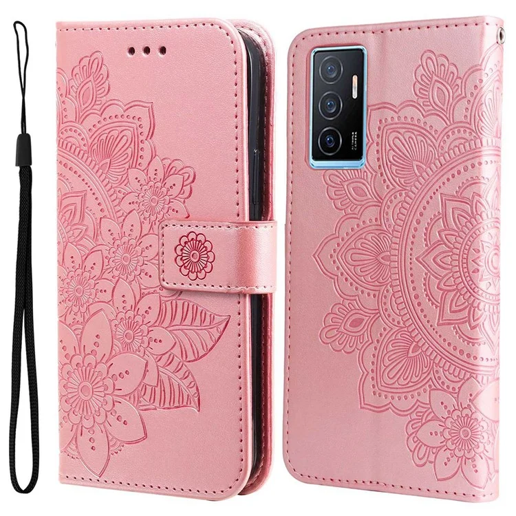 Para Vivo Y75 4G / V23e 4G / 5G Prevención de Otoño Impresión de Flores PU Cuero Pulo Caso de Protección Flip Soport Cover Con Correa - Oro Rosa