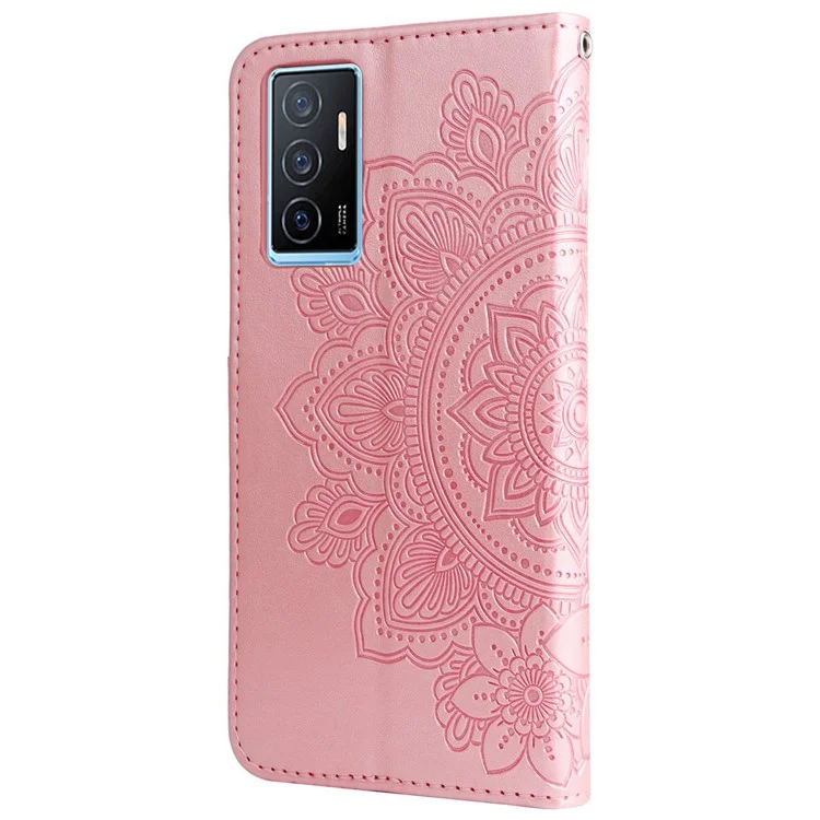 Para Vivo Y75 4G / V23e 4G / 5G Prevención de Otoño Impresión de Flores PU Cuero Pulo Caso de Protección Flip Soport Cover Con Correa - Oro Rosa