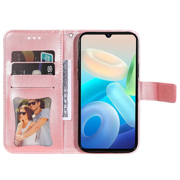 Para Vivo Y75 4G / V23e 4G / 5G Prevención de Otoño Impresión de Flores PU Cuero Pulo Caso de Protección Flip Soport Cover Con Correa - Oro Rosa