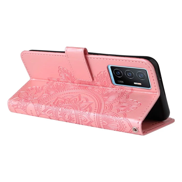 Para Vivo Y75 4G / V23e 4G / 5G Prevención de Otoño Impresión de Flores PU Cuero Pulo Caso de Protección Flip Soport Cover Con Correa - Oro Rosa