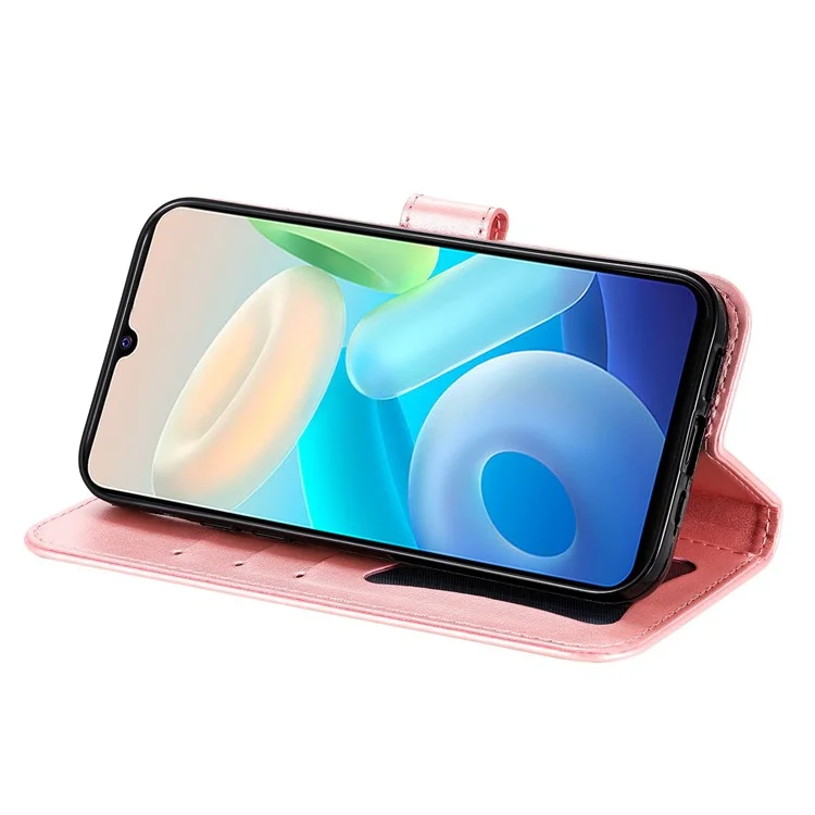 Para Vivo Y75 4G / V23e 4G / 5G Prevención de Otoño Impresión de Flores PU Cuero Pulo Caso de Protección Flip Soport Cover Con Correa - Oro Rosa