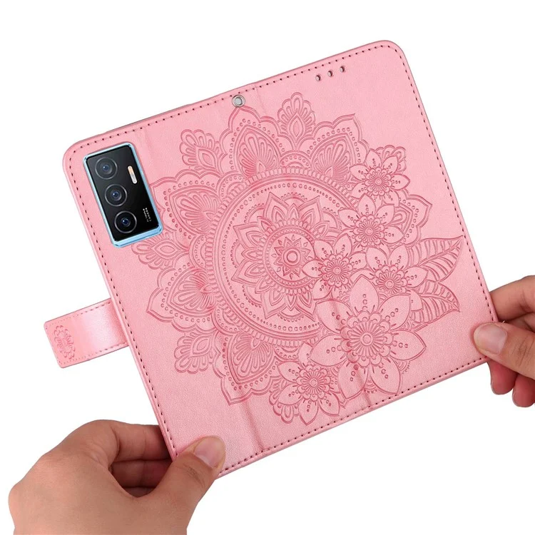 Para Vivo Y75 4G / V23e 4G / 5G Prevención de Otoño Impresión de Flores PU Cuero Pulo Caso de Protección Flip Soport Cover Con Correa - Oro Rosa