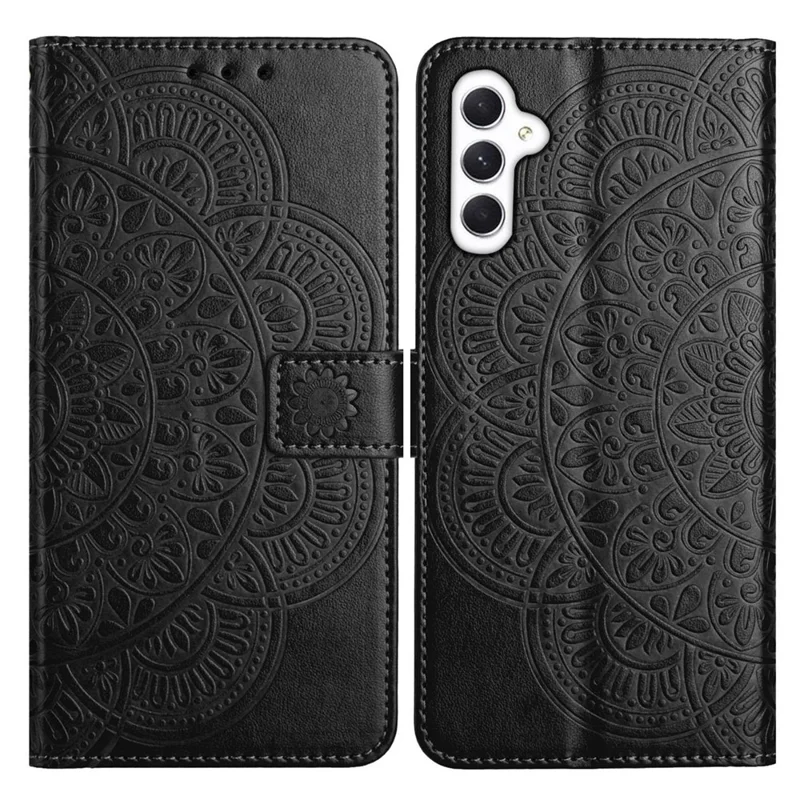 For Samsung Galaxy A56 5G Leather Case with Card Slots Mandala Pattern Phone Cover Stand - Black