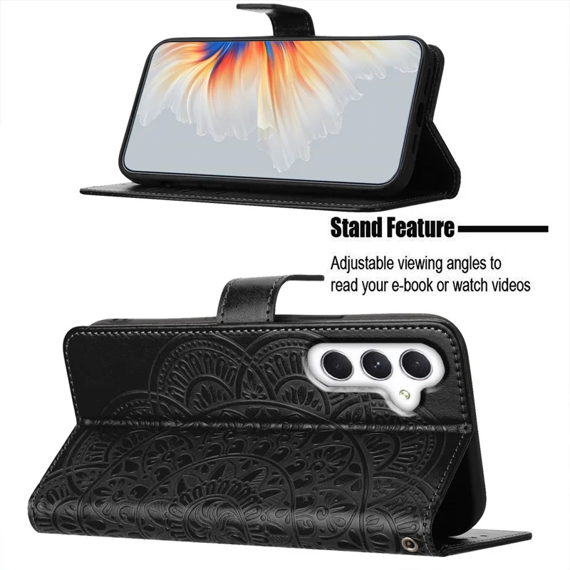 For Samsung Galaxy A56 5G Leather Case with Card Slots Mandala Pattern Phone Cover Stand - Black