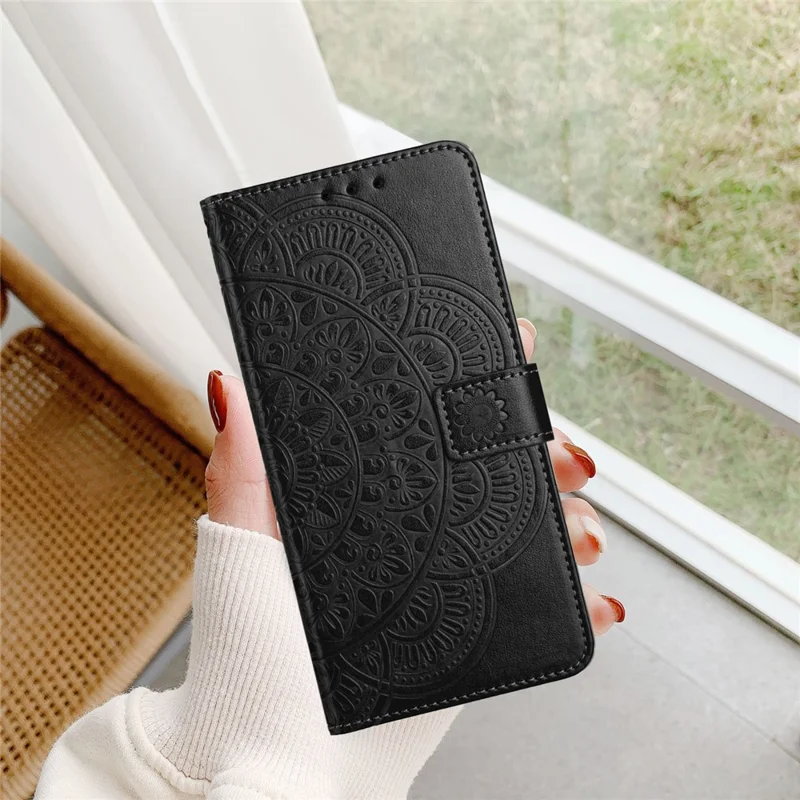 For Samsung Galaxy A56 5G Leather Case with Card Slots Mandala Pattern Phone Cover Stand - Black