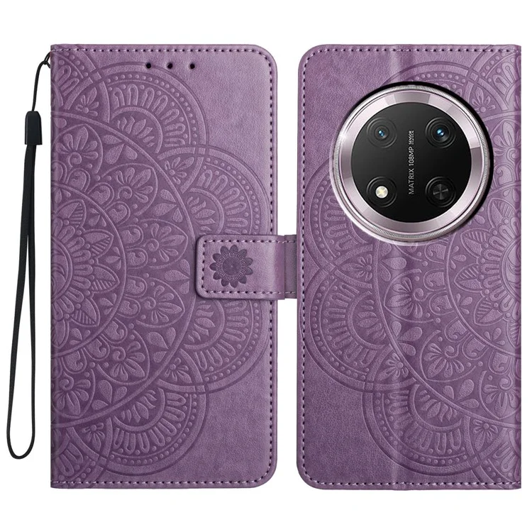 Funda de cuero con ranuras para tarjetas y soporte para teléfono con diseño de mandala para Honor X9c 5G - Púrpura