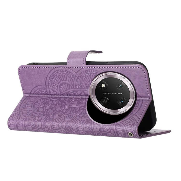 Funda de cuero con ranuras para tarjetas y soporte para teléfono con diseño de mandala para Honor X9c 5G - Púrpura