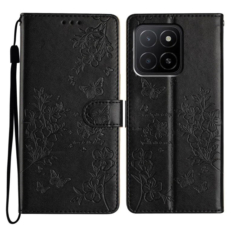 For Honor X5b Plus  /  X5b Wallet Phone Case Butterfly Floral Imprint Leather Flip Cover - Black