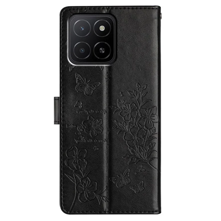 For Honor X5b Plus  /  X5b Wallet Phone Case Butterfly Floral Imprint Leather Flip Cover - Black