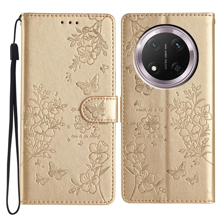 Für Honor X9c 5G Wallet Phone Case Butterfly Floral Imprint Leder Flip Cover - Gold