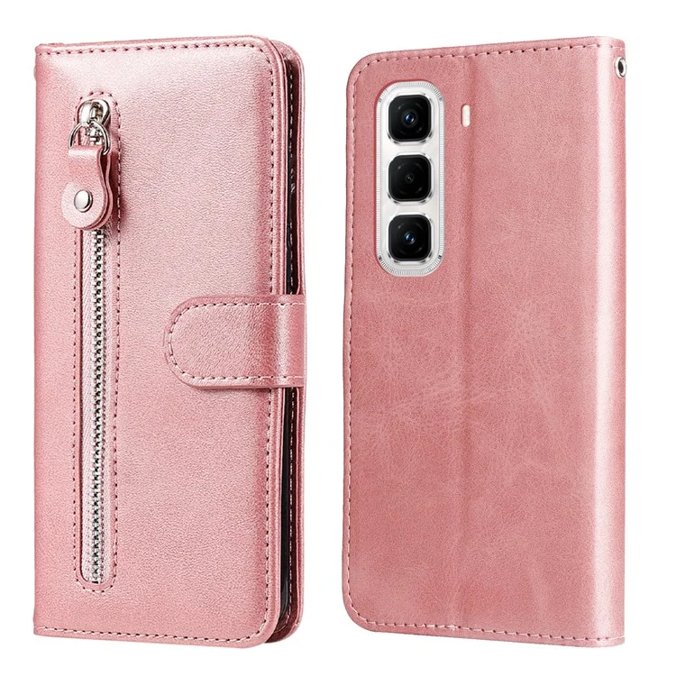 Étui portefeuille zippé en cuir PU texture veau pour Infinix Hot 50 Pro+ 4G - Rose