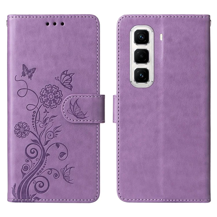 Capa de couro com estampa de borboleta e floral para Infinix Hot 50 Pro+ 4G, com suporte - Roxo