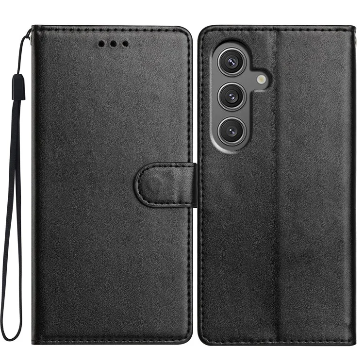 Für Samsung Galaxy A26 5G Ledertasche Geldbörse Ständer Handyhülle mit praktischem Trageriemen - Schwarz