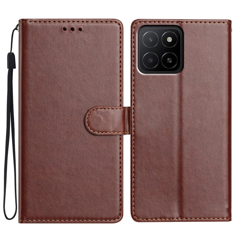 For Honor X5b Plus / X5b Leather Case Wallet Stand Phone Cover with Handy Strap - Brown