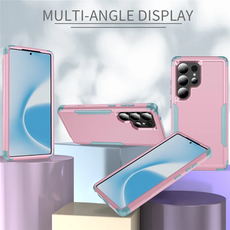 For Samsung Galaxy S25 Ultra Case 3 in 1 Shockproof TPU PC Phone Cover - Pink+Grey Green