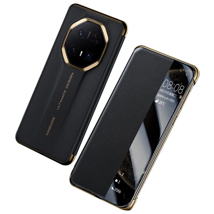 Funda Ultimate para Huawei Mate 70 RS de cuero de vaca genuino con ventana de visualización - Negro