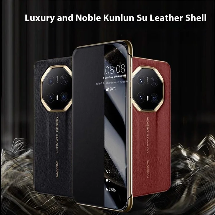 Funda Ultimate para Huawei Mate 70 RS de cuero de vaca genuino con ventana de visualización - Negro