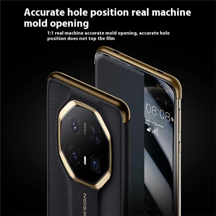 Funda Ultimate para Huawei Mate 70 RS de cuero de vaca genuino con ventana de visualización - Negro
