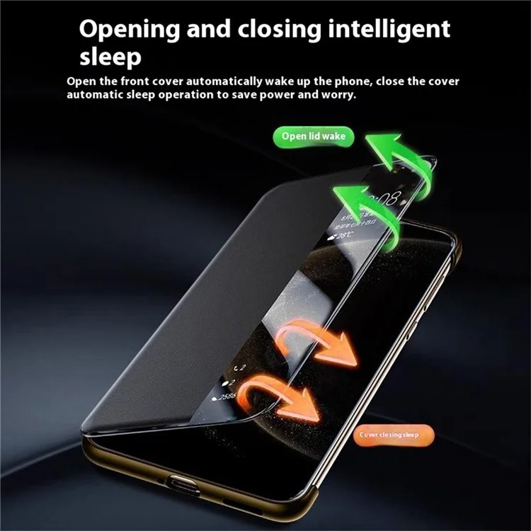 Funda Ultimate para Huawei Mate 70 RS de cuero de vaca genuino con ventana de visualización - Negro