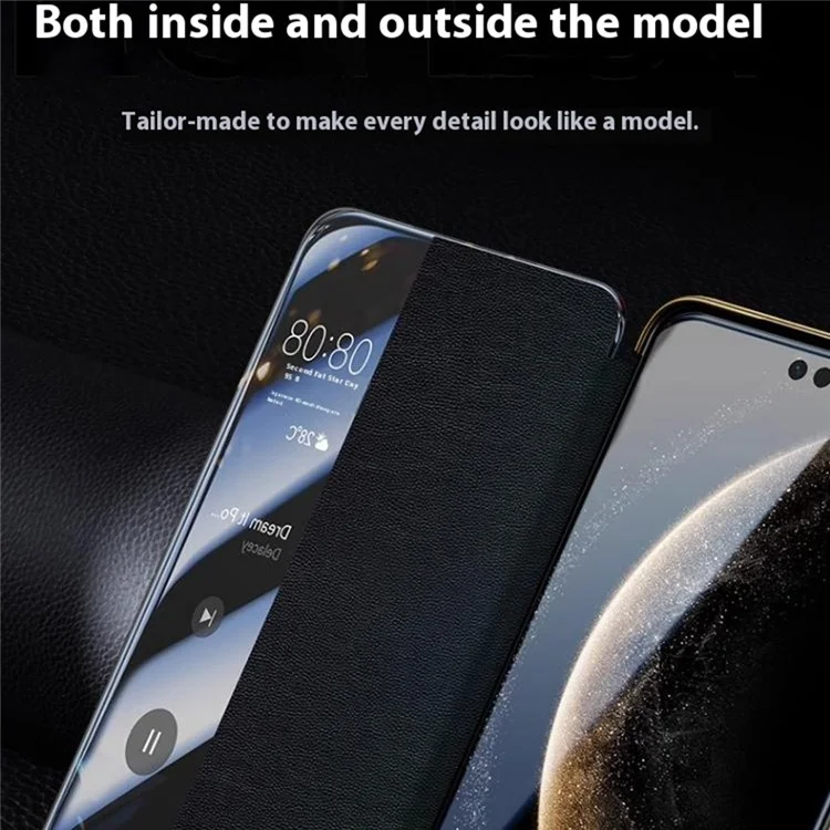 Funda Ultimate para Huawei Mate 70 RS de cuero de vaca genuino con ventana de visualización - Negro