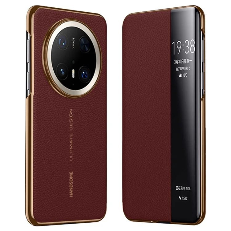 Étui pour Huawei Mate 70 Pro+ / Mate 70 Pro en véritable cuir de vache avec fenêtre de visualisation - Rouge