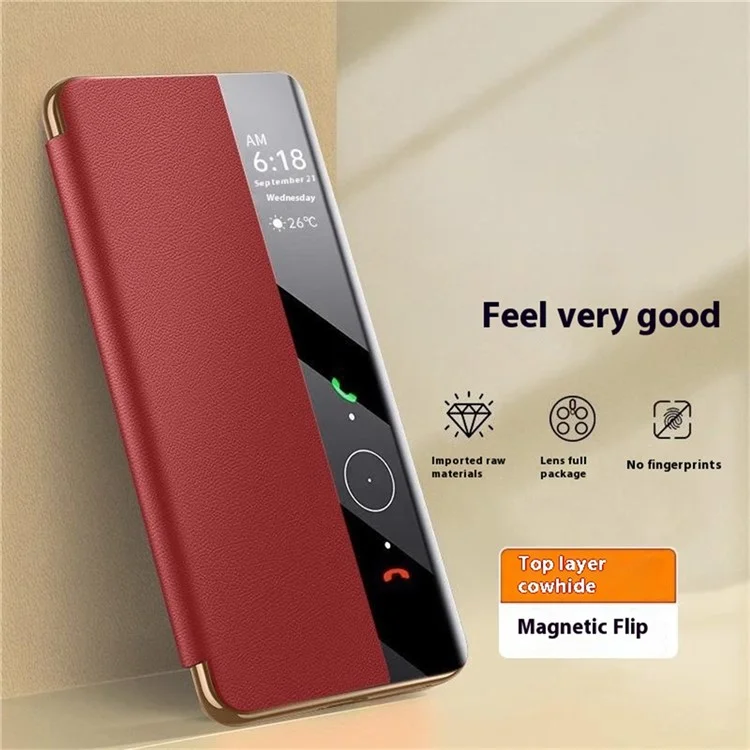 Étui pour Huawei Mate 70 Pro+ / Mate 70 Pro en véritable cuir de vache avec fenêtre de visualisation - Rouge