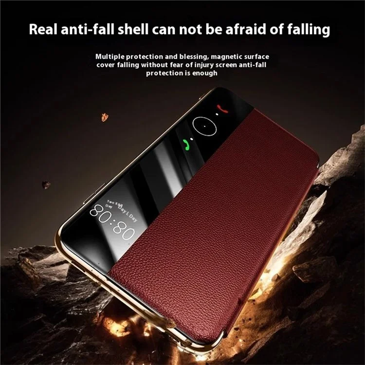 Étui pour Huawei Mate 70 Pro+ / Mate 70 Pro en véritable cuir de vache avec fenêtre de visualisation - Rouge