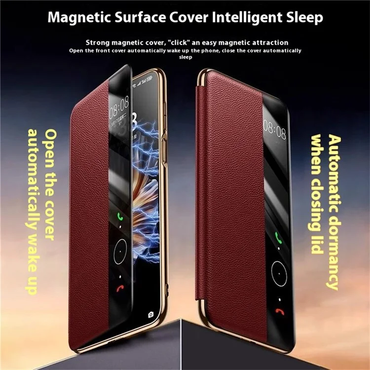 Étui pour Huawei Mate 70 Pro+ / Mate 70 Pro en véritable cuir de vache avec fenêtre de visualisation - Rouge