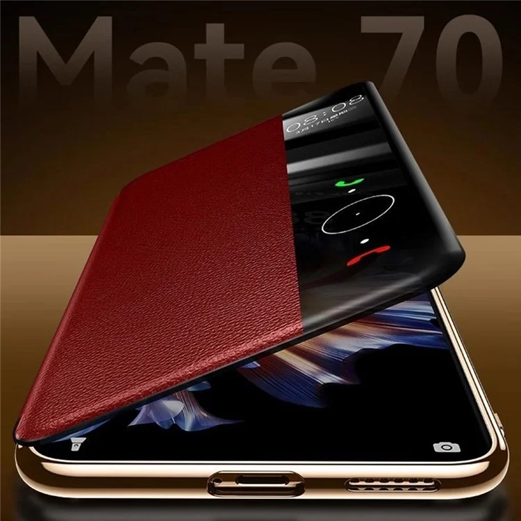 Étui pour Huawei Mate 70 Pro+ / Mate 70 Pro en véritable cuir de vache avec fenêtre de visualisation - Rouge