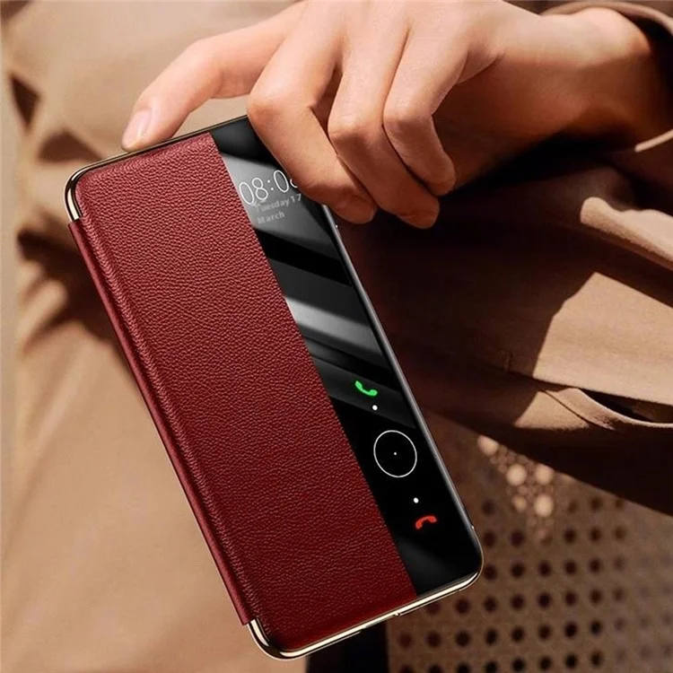 Étui pour Huawei Mate 70 Pro+ / Mate 70 Pro en véritable cuir de vache avec fenêtre de visualisation - Rouge