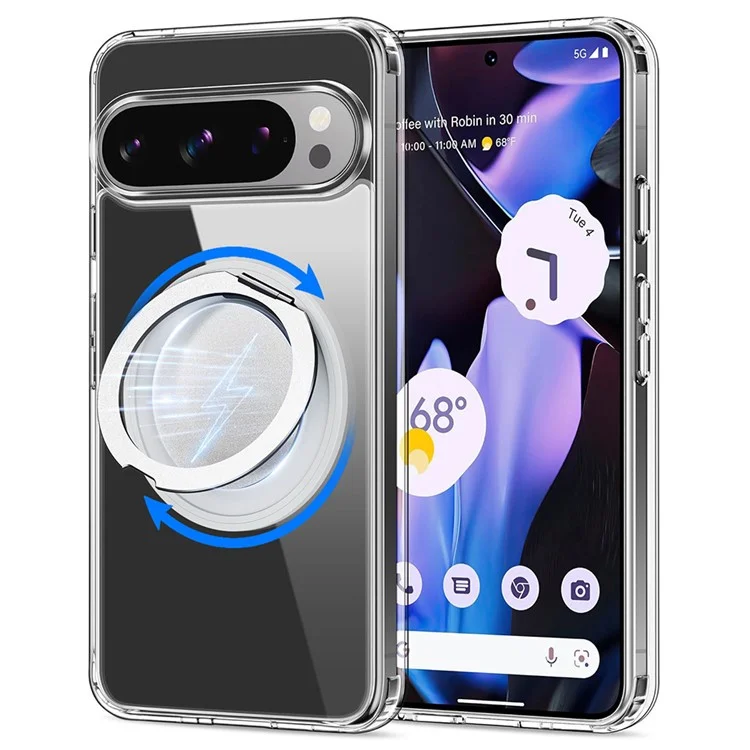 Чехол для Google Pixel 9 Pro XL с магнитным креплением, вращающейся подставкой, из ТПУ и ПК с прозрачной задней панелью.