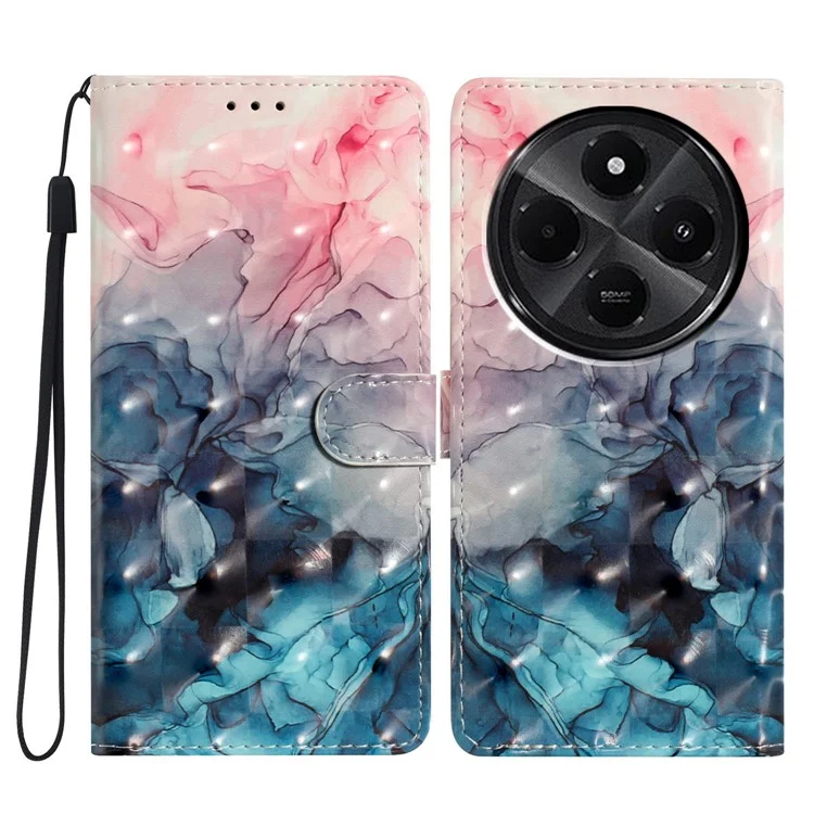 Capa de carteira de couro PU para Xiaomi Redmi A4 5G, com impressão em padrão 3D - Mármore rosa azul