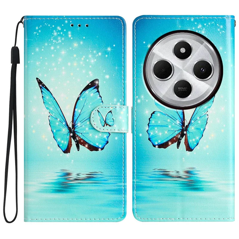 For Xiaomi Redmi A4 5G Wallet Case PU Leather Pattern Printing Stand Phone Cover with Strap - Blue Butterfly