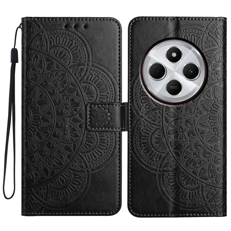 For Xiaomi Redmi A4 5G Leather Case with Card Slots Mandala Pattern Phone Cover Stand - Black