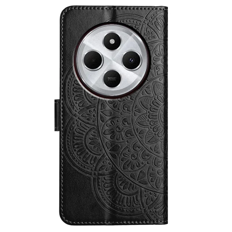For Xiaomi Redmi A4 5G Leather Case with Card Slots Mandala Pattern Phone Cover Stand - Black