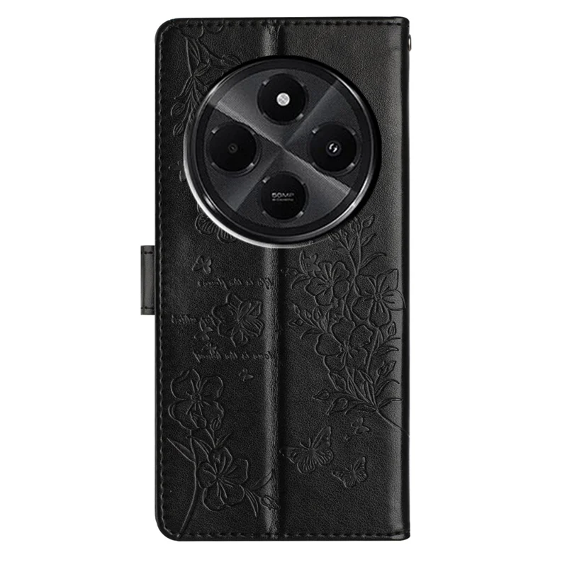 Funda de billetera para Xiaomi Redmi A4 5G con impresión de mariposa y floral, cubierta de cuero plegable - Negro