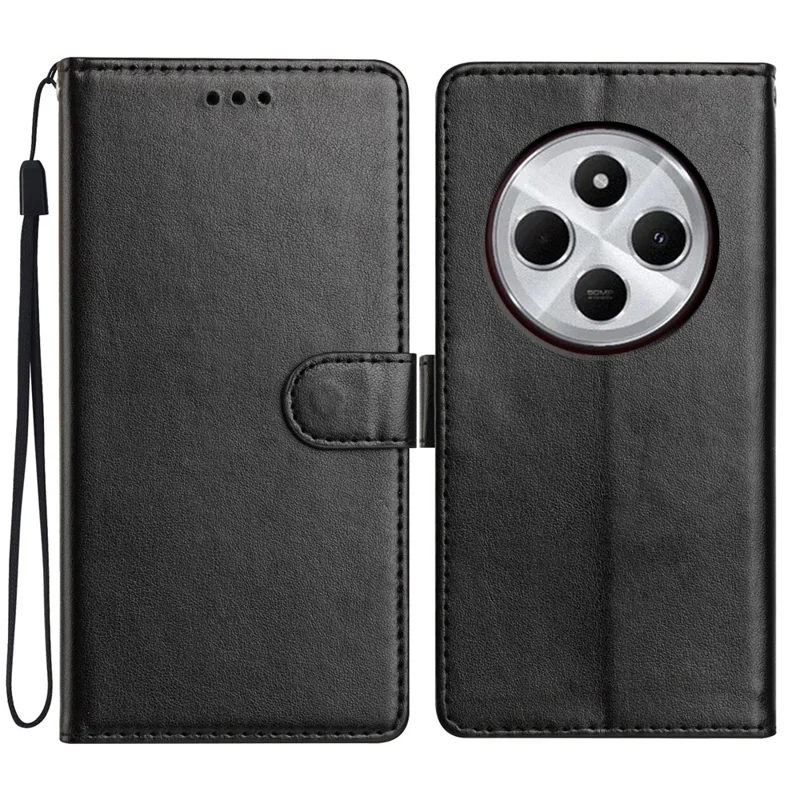 For Xiaomi Redmi A4 5G Leather Case Wallet Stand Phone Cover with Handy Strap - Black