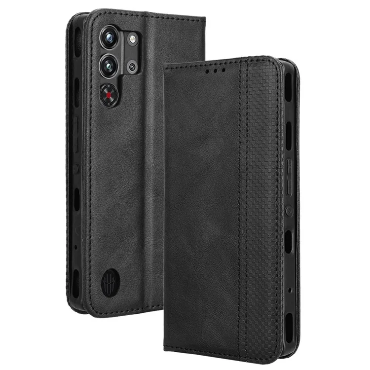 Étui en cuir portefeuille avec support et texture rétro pour ZTE nubia Red Magic 10 Pro+ 5G / 10 Pro 5G - Noir