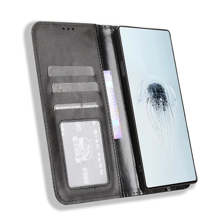 Étui en cuir portefeuille avec support et texture rétro pour ZTE nubia Red Magic 10 Pro+ 5G / 10 Pro 5G - Noir