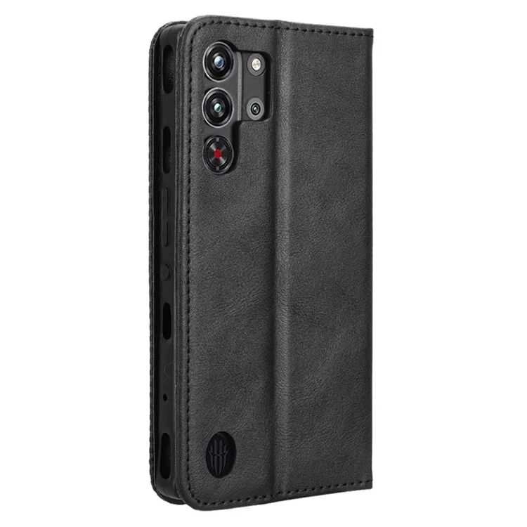 Étui en cuir portefeuille avec support et texture rétro pour ZTE nubia Red Magic 10 Pro+ 5G / 10 Pro 5G - Noir