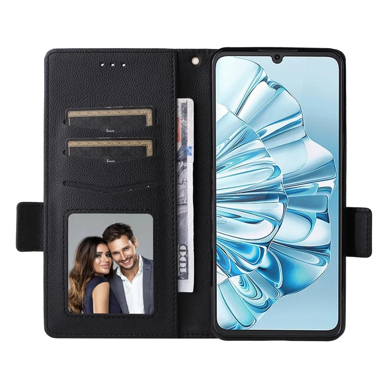 For Cubot A20 Case with Wrist Strap Litchi Texture PU Leather Wallet Phone Cover - Black