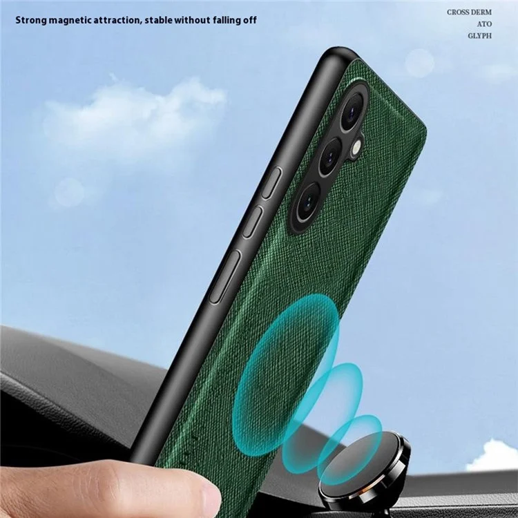 Für Samsung Galaxy A26 5G Hülle Cross Textur Leder + TPU Handyhülle mit Magnethalterung für Autos - Grün