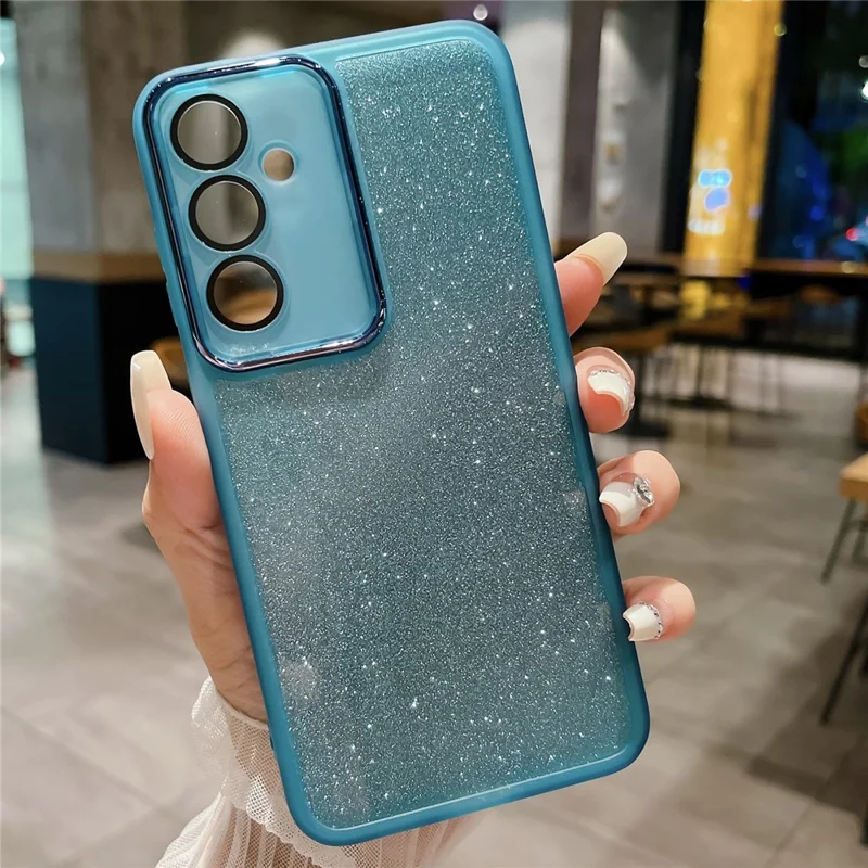 For Samsung Galaxy A26 5G Case Clear TPU Phone Cover With Camera Lens Protector Glitter Sticker - Transparent Blue