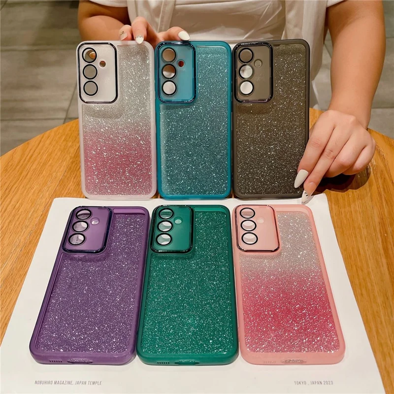 For Samsung Galaxy A26 5G Case Clear TPU Phone Cover With Camera Lens Protector Glitter Sticker - Transparent Blue