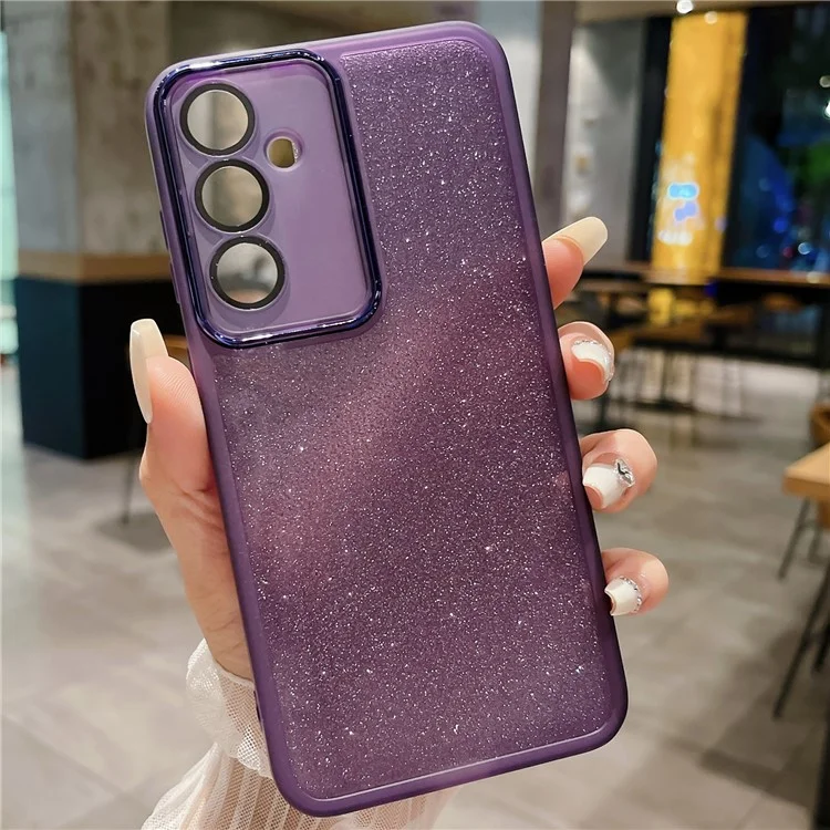 For Samsung Galaxy A16 5G / 4G Hülle Klar TPU Handyhülle Mit Kameraobjektiv Schutz Glitzer Aufkleber - Transparent Lila