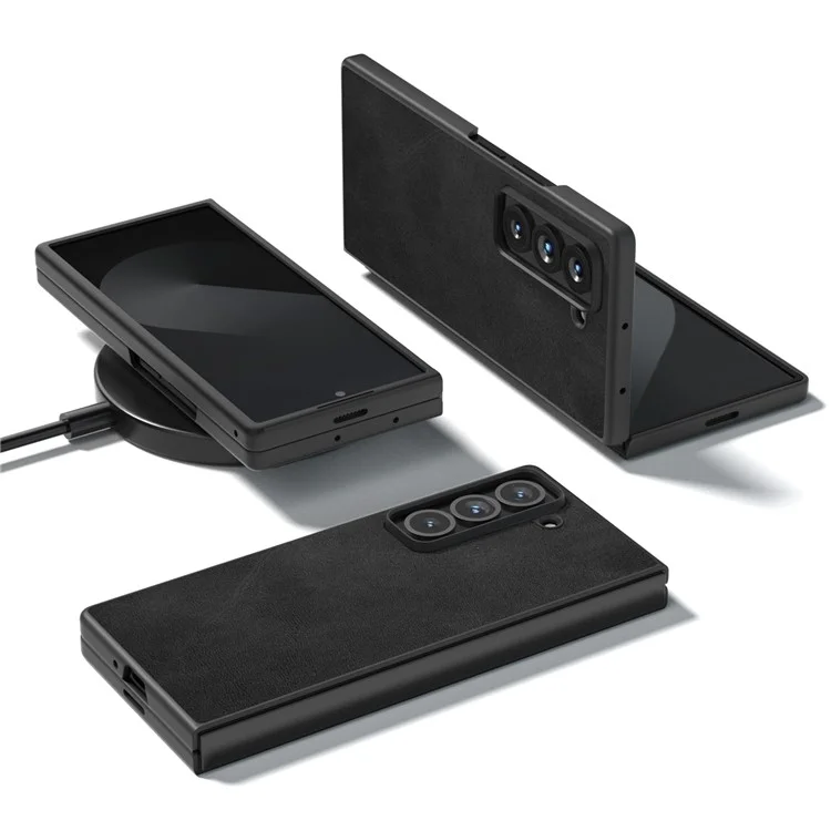 Étui spécial pour Samsung Galaxy Z Fold, texture de cuir de vache, boîtier de protection en PC dur + PU - Noir