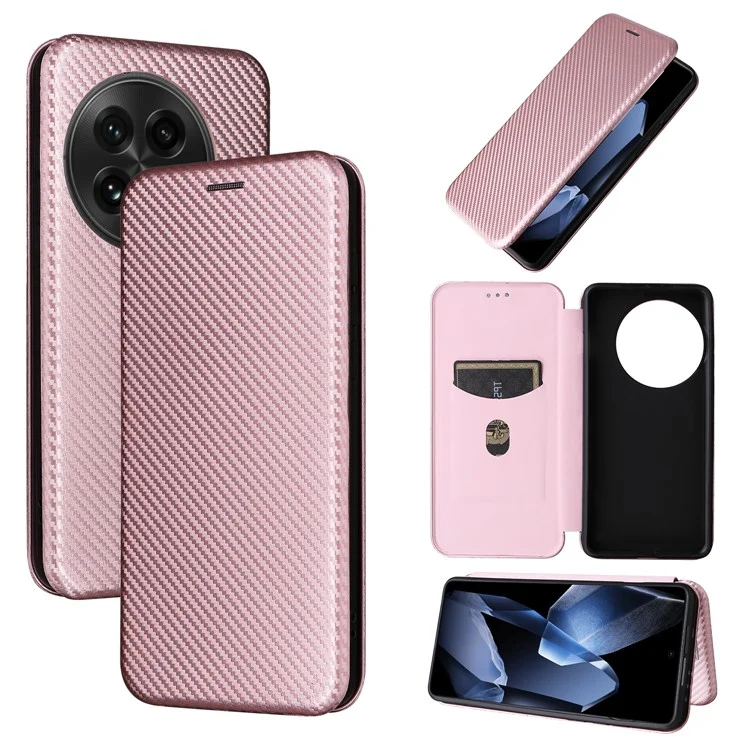 Für OnePlus 13 Hülle Kohlefaser-Textur stoßfest PU-Leder Handyhülle - Roségold