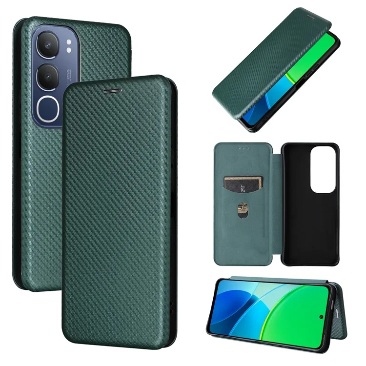 Funda para vivo Y19s 4G de fibra de carbono con textura a prueba de caídas y de cuero PU - Verde