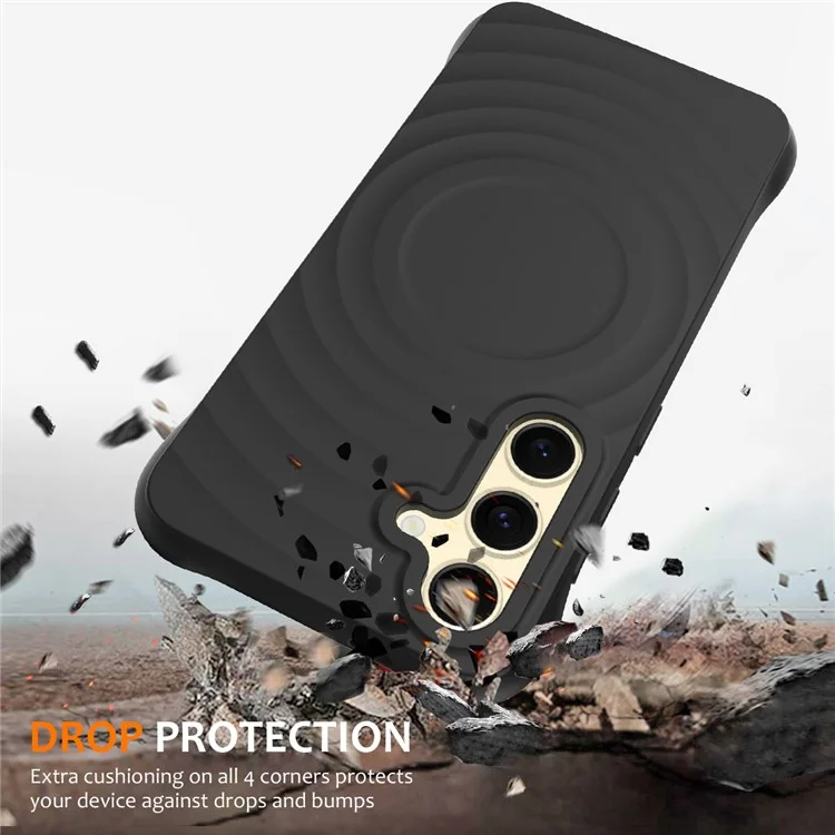 Étui pour Samsung Galaxy S25 compatible avec MagSafe, texture ondulée, silicone liquide, protection avec dragonne - Noir